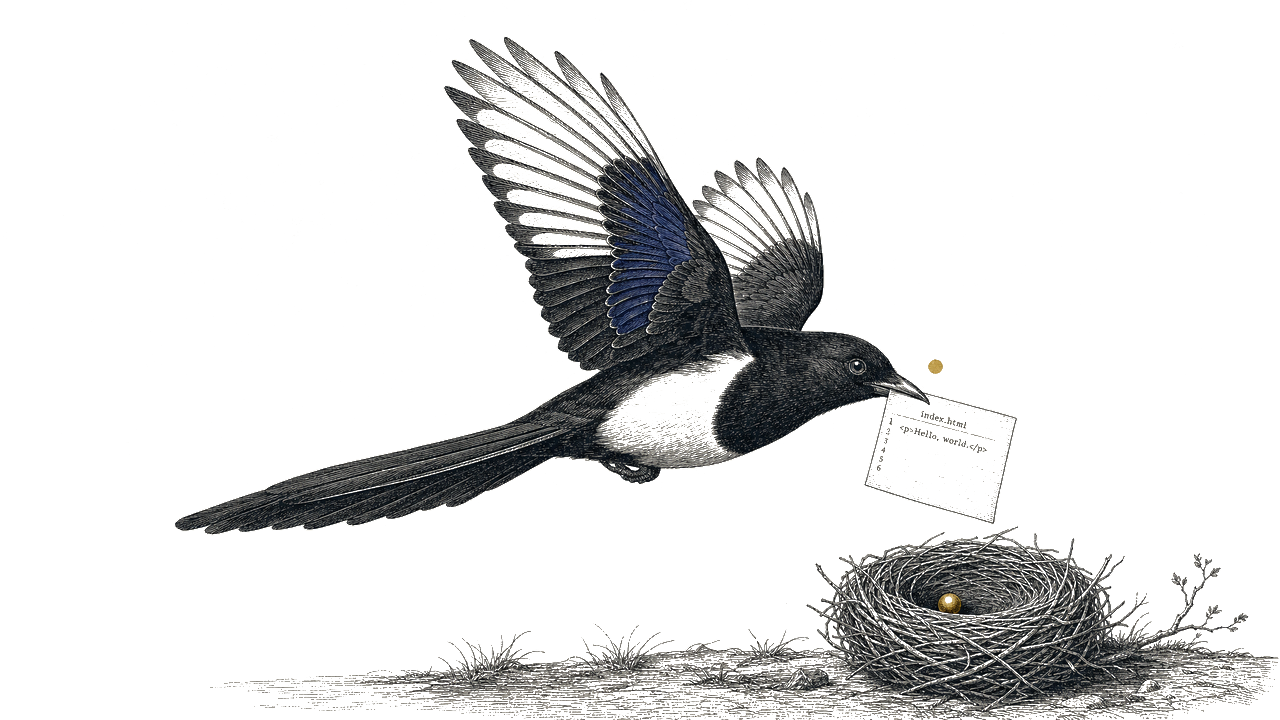 A magpie in flight bringing a paper scroll to a woven nest with a gold bead — painterly hero