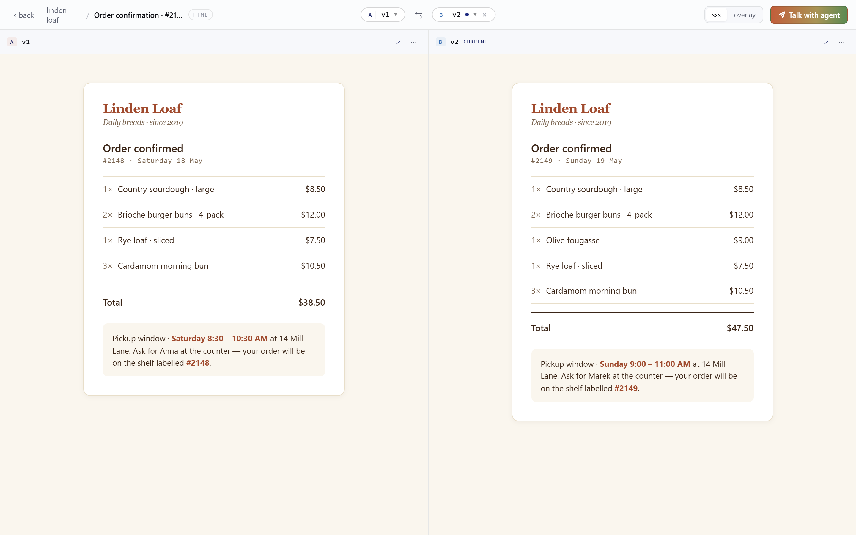 Side-by-side compare of two versions